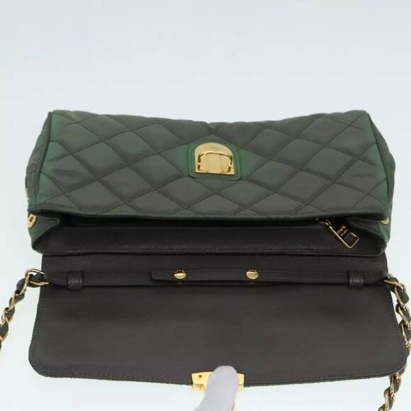 PRADA Chain Quilted Shoulder Bag Nylon Khaki Gold Auth 90227 - Picture 10 of 15